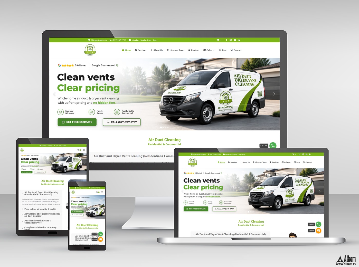 AAA Cleaning Services — web dizajn, prikaz na desktopu, tabletu i telefonu