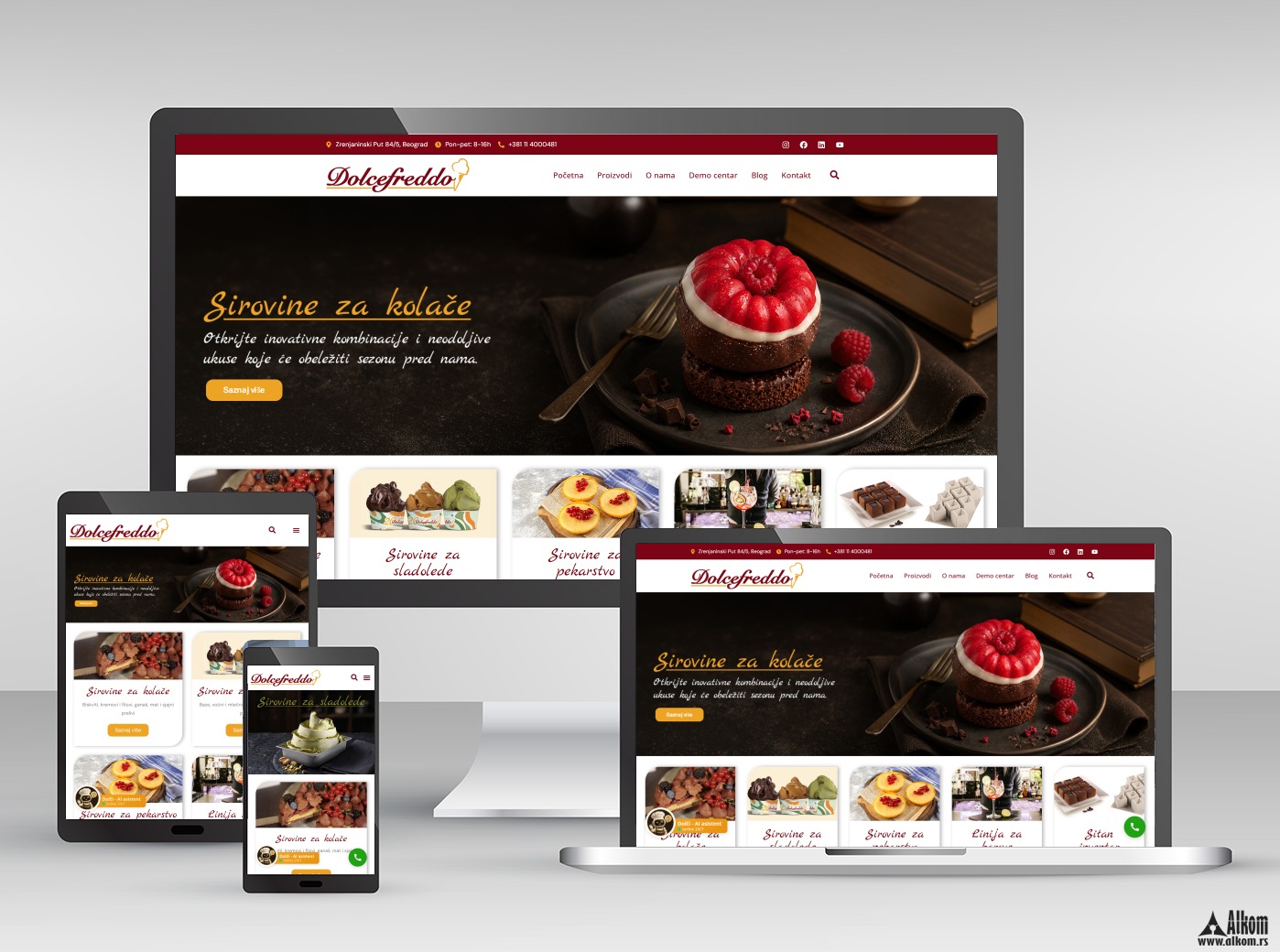Dolcefreddo — web dizajn, prikaz na desktopu, tabletu i telefonu